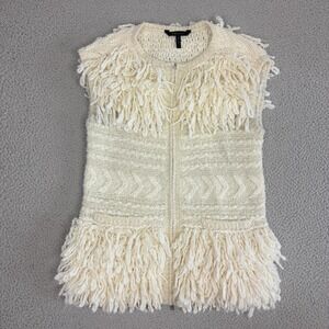 Y2K BCBG Sweater Vest Small Shaggy Cream Long Fringe Knit Boho Wool Alpaca